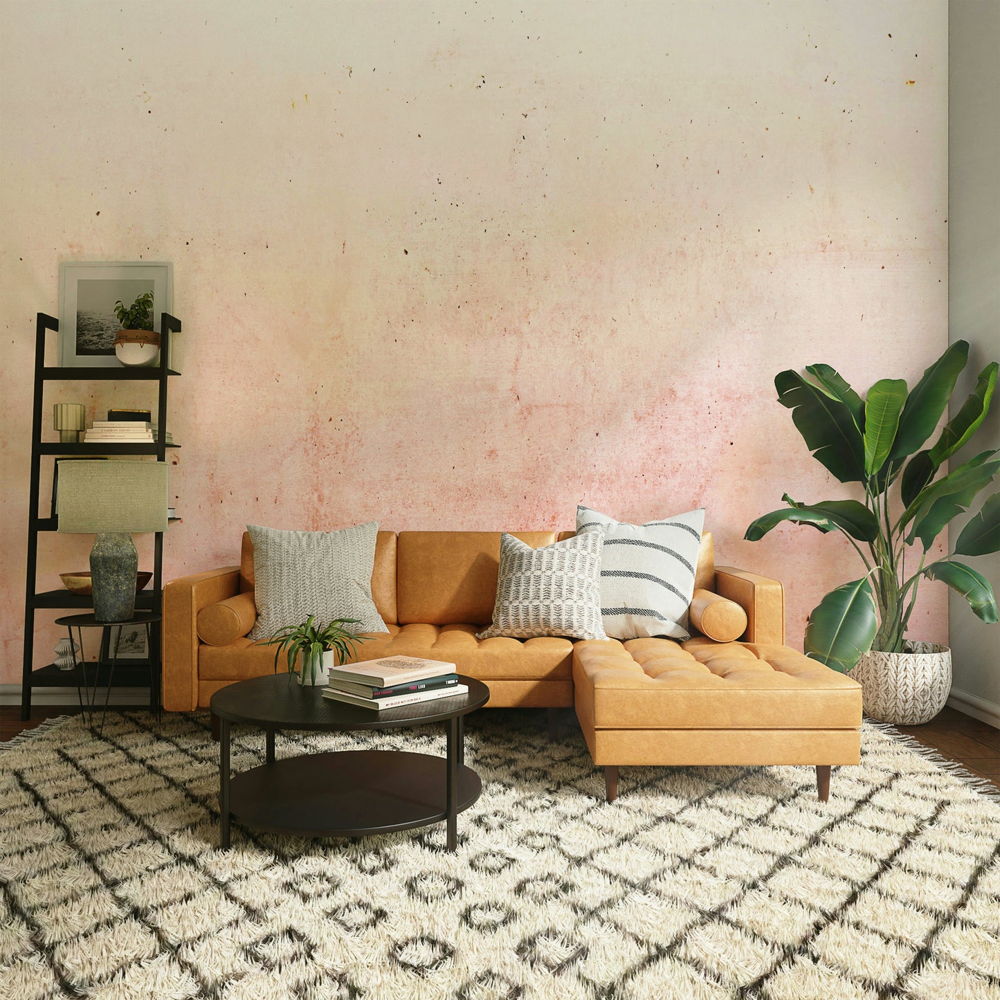 The wallpaper shows a gradient from pink to gray.

