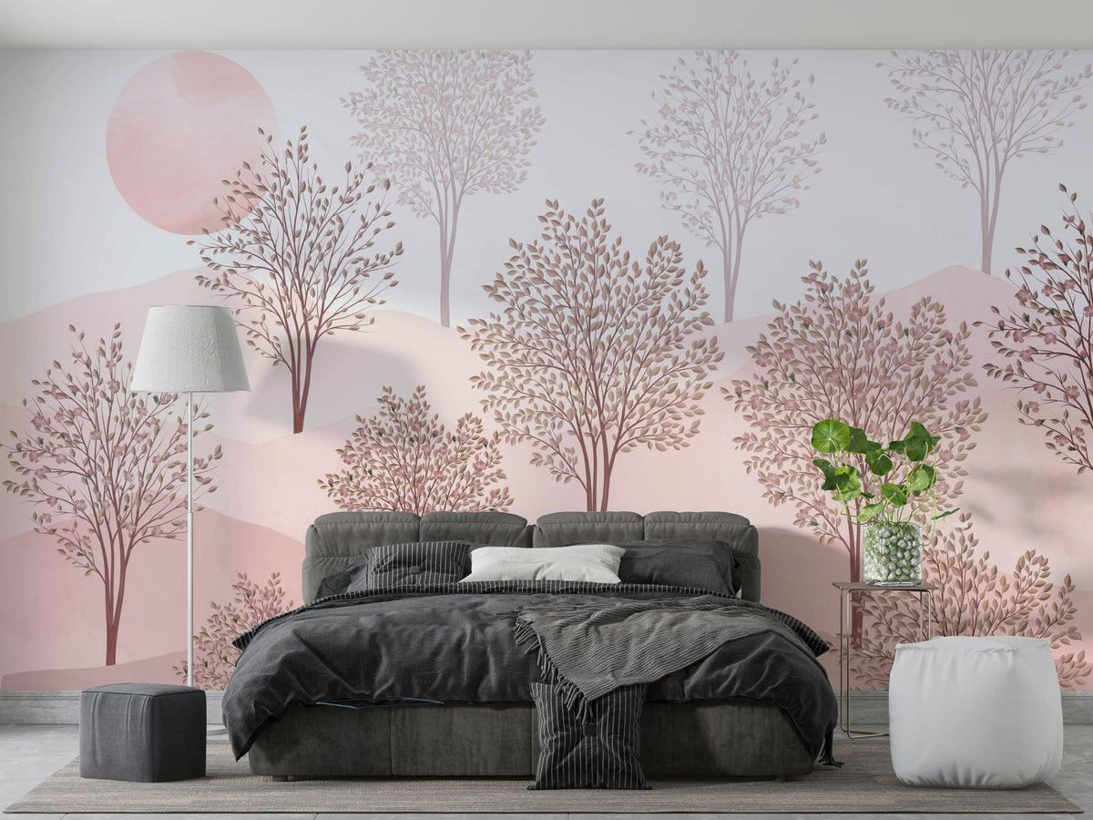 A peaceful wall mural with a tranquil orchard scene.


