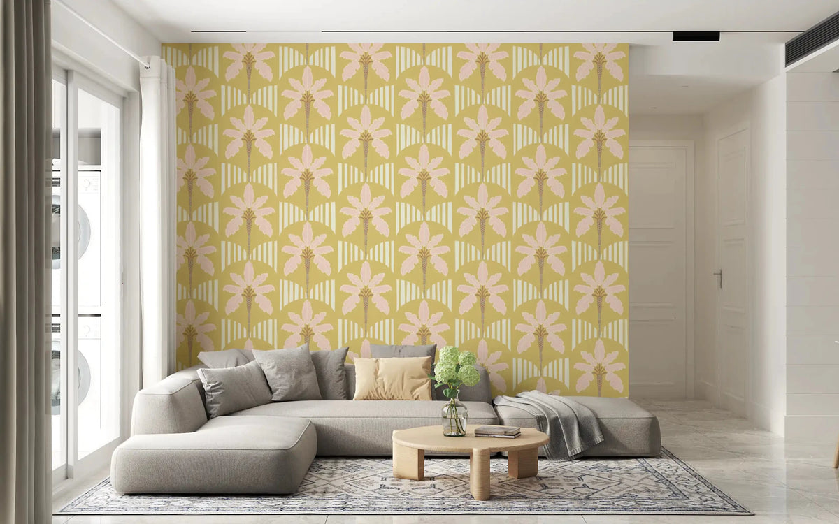 Living room with pink palm wallpaper and mustard stripe arches in warm tones