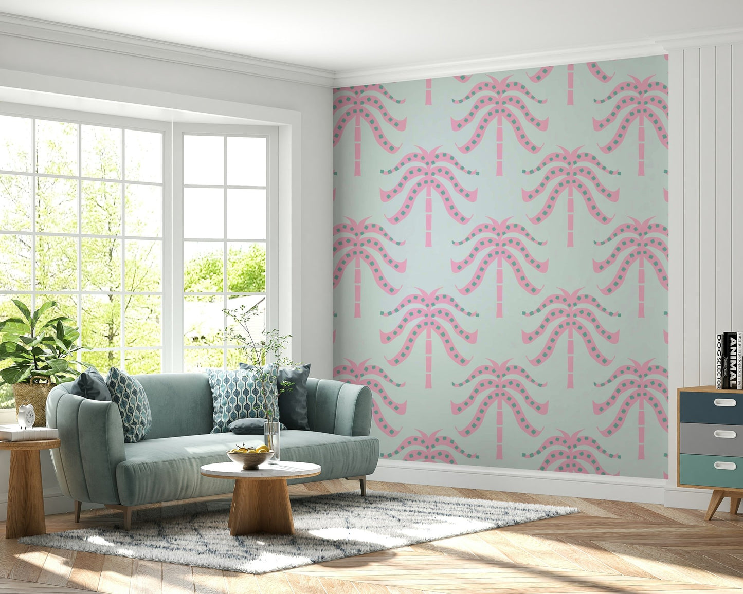 A wall mural of a tropical palm leaf pattern.


