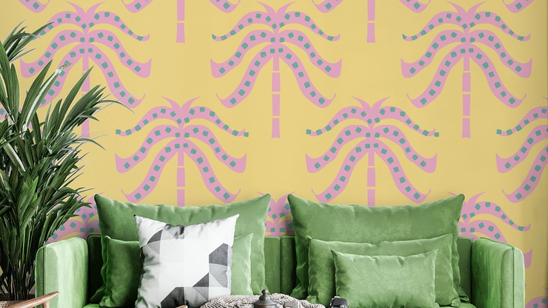 The image shows a peaceful, natural scene with palm fronds.

