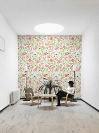 Elegant floral mural with birds perched on blooming branches.

