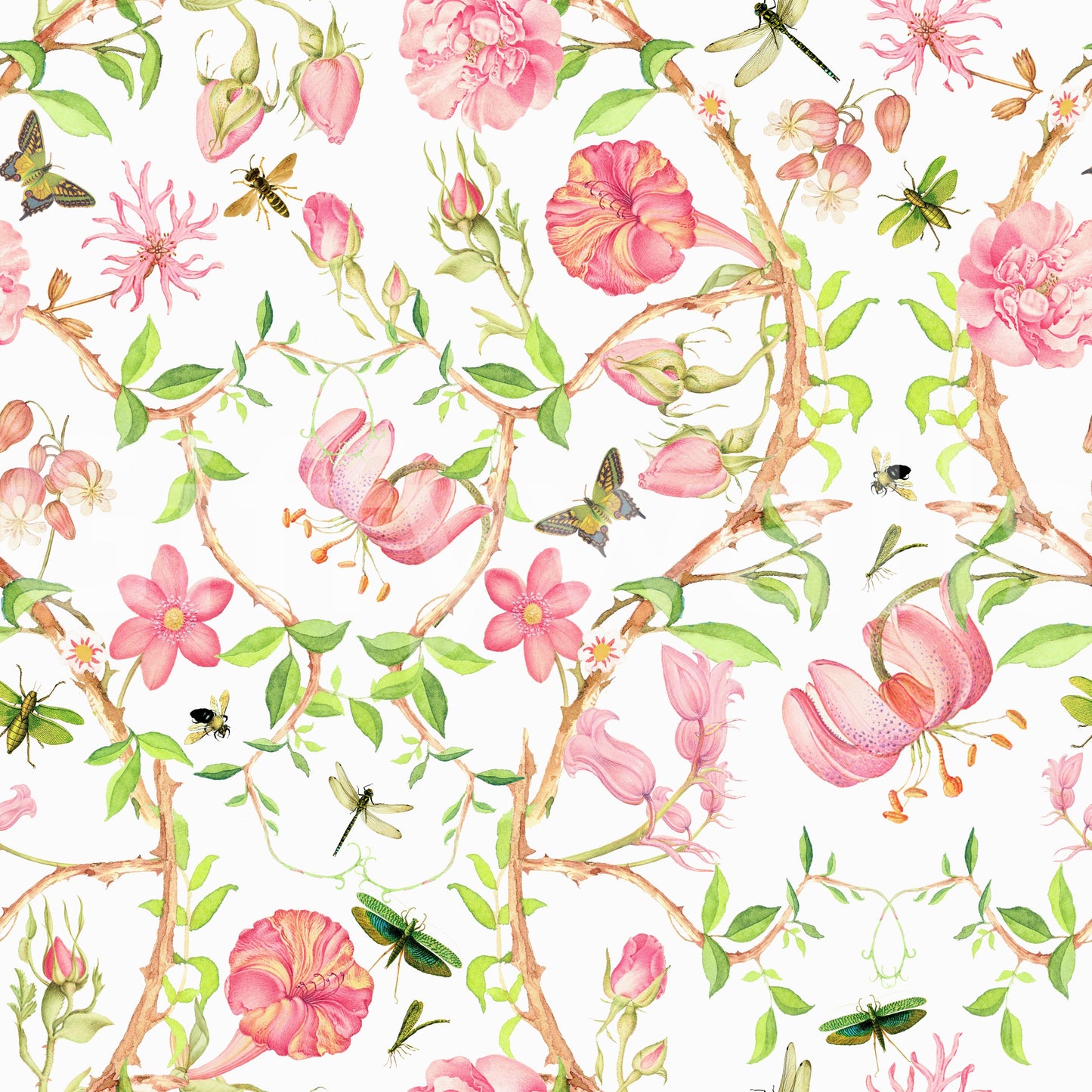 Pink Paradise Bloom wall mural with airy florals and delicate birds.

