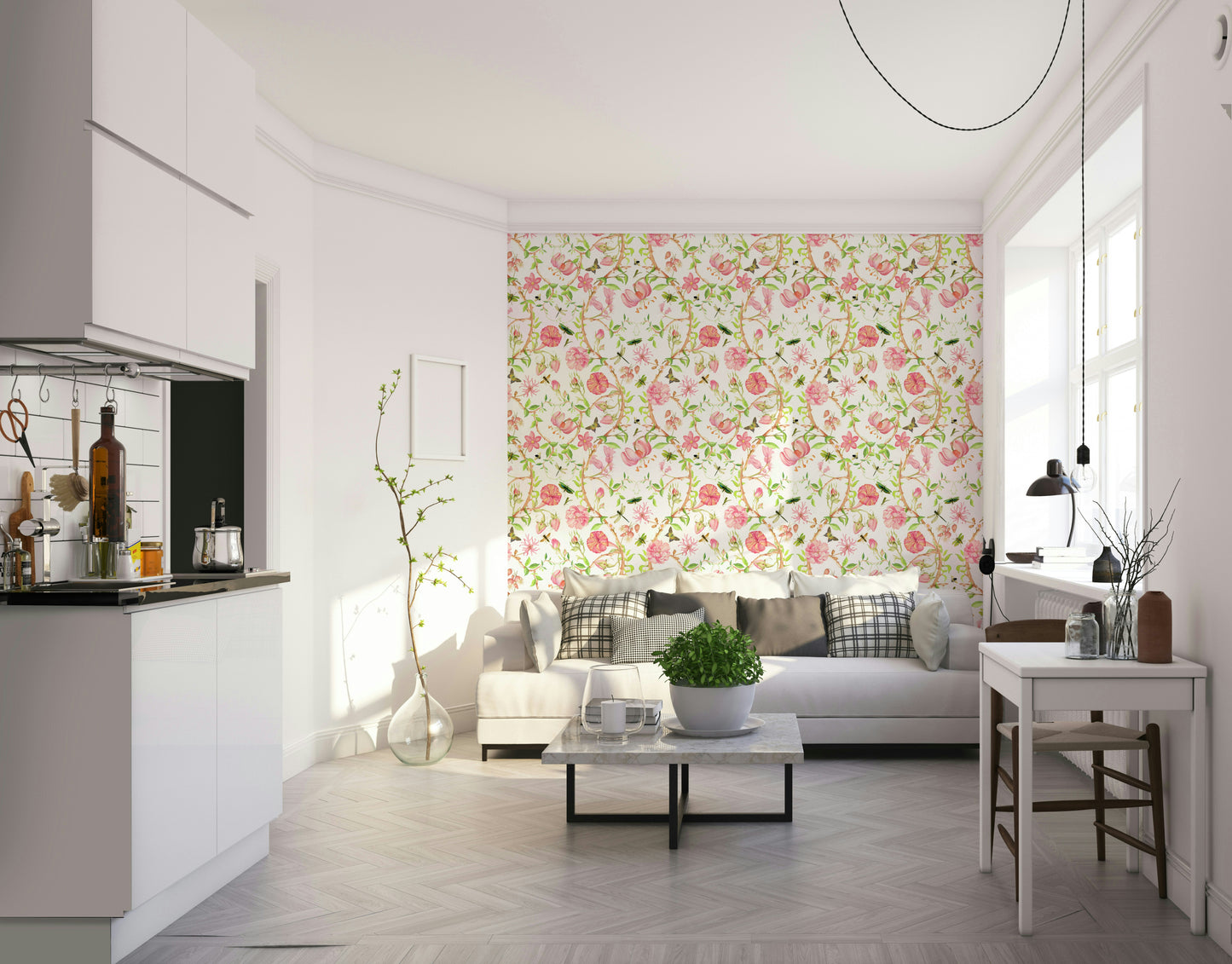 Wallpaper featuring birds, vines, and gentle pink blossoms.

