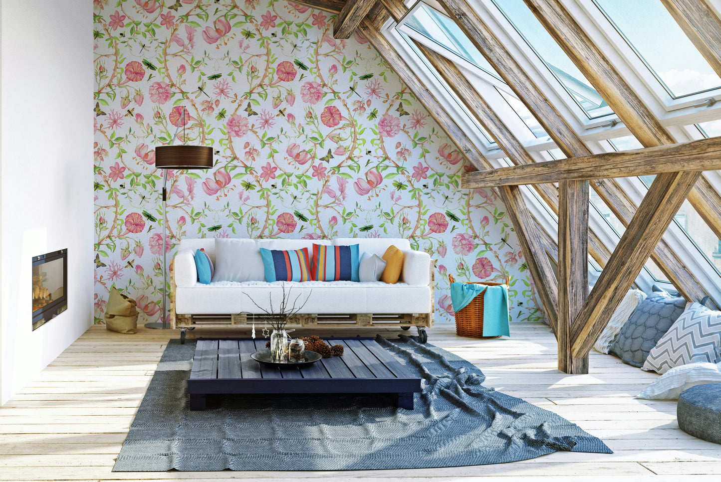 Botanical wall mural with pastel florals and detailed branches.

