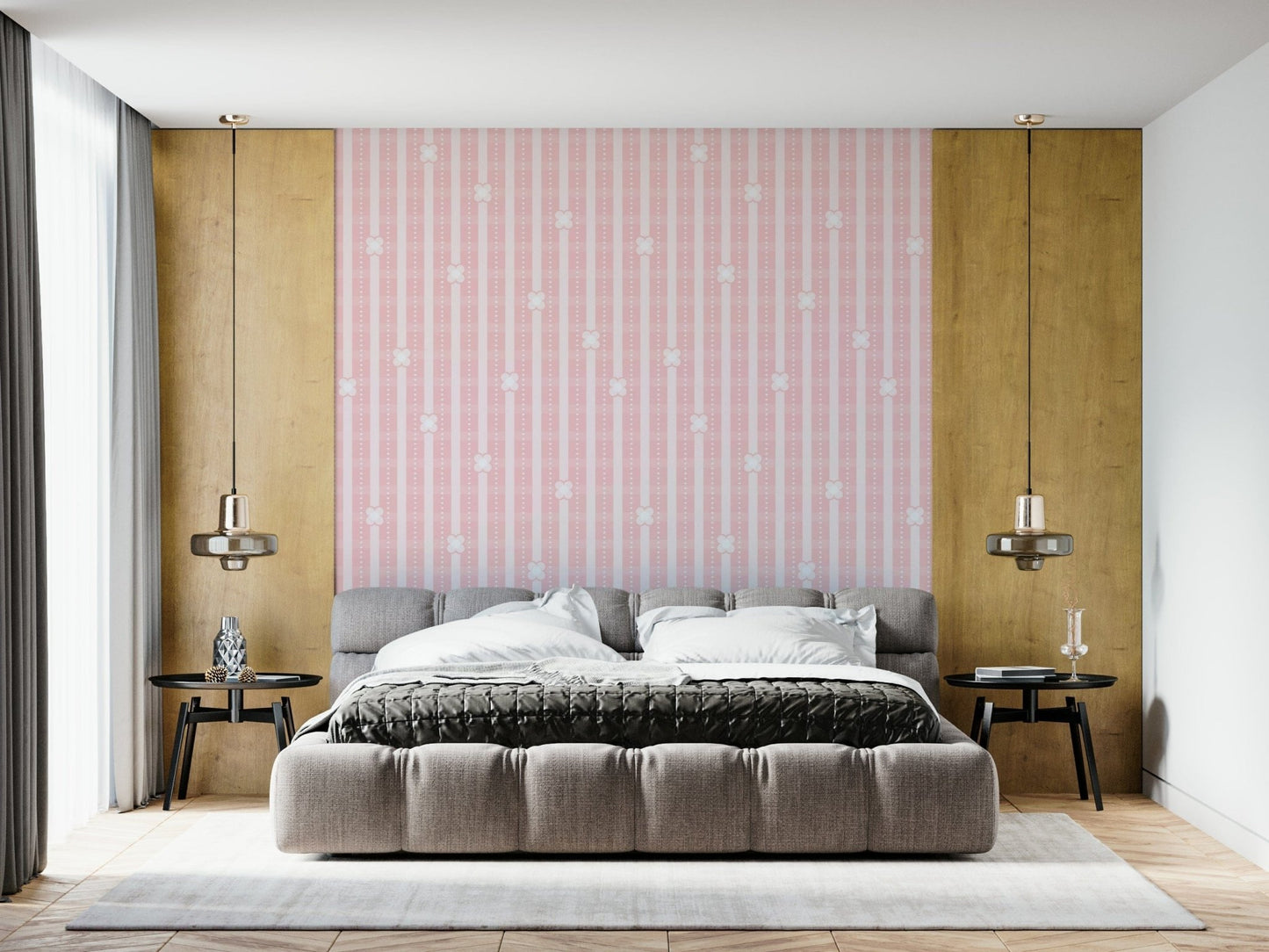 Romantic Pink Floral Stripe Wallpaper – Elegant design with blooming petals arranged over classic striped textures.
