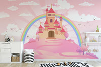 Princess castle wallpaper with rainbow and pink landscape.