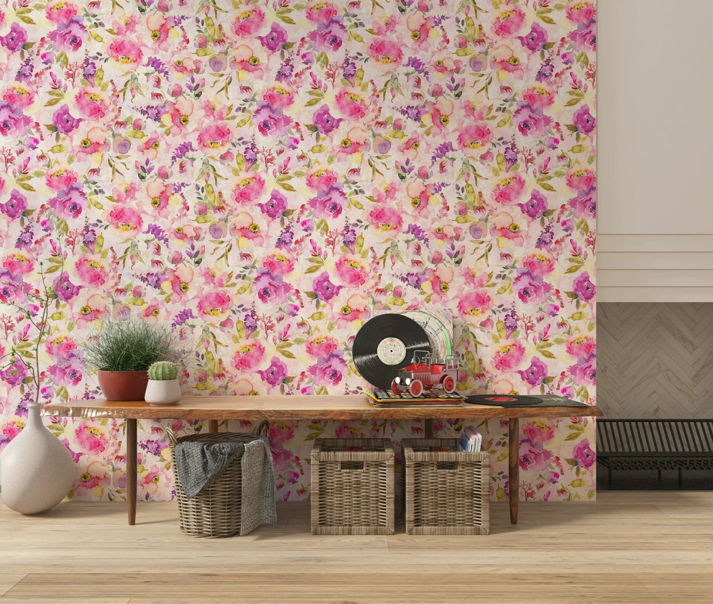 Gorgeous pink flower wallpaper mural design.