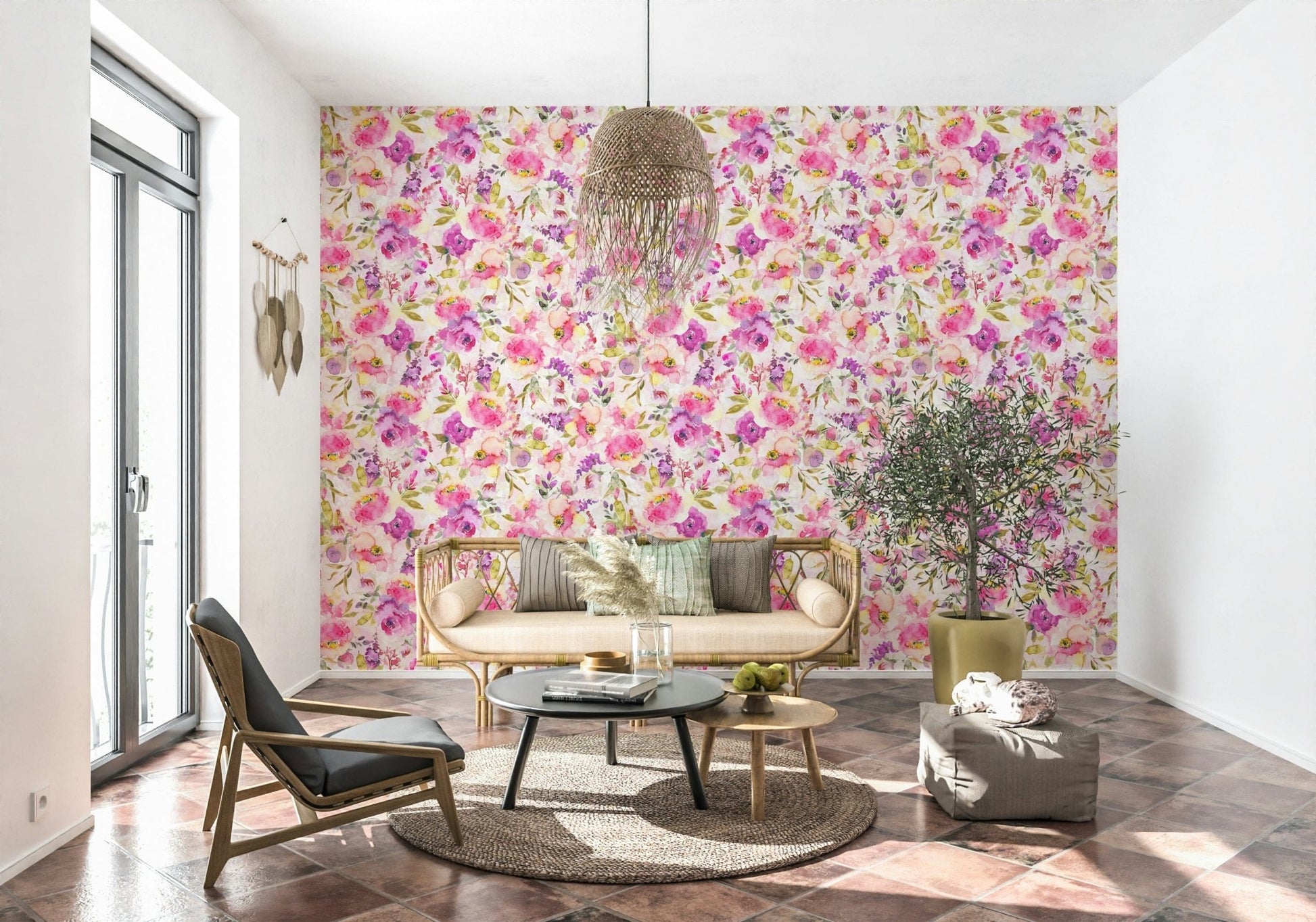 Feminine pink and magenta watercolor wallcovering.