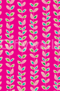 A vibrant wallpaper featuring repeated retro botanical vines set on a striking fuchsia base.