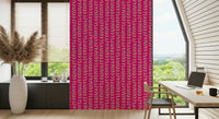 A fun retro wallpaper with stylized leaf motifs arranged on slender vine stripes over fuchsia pink.