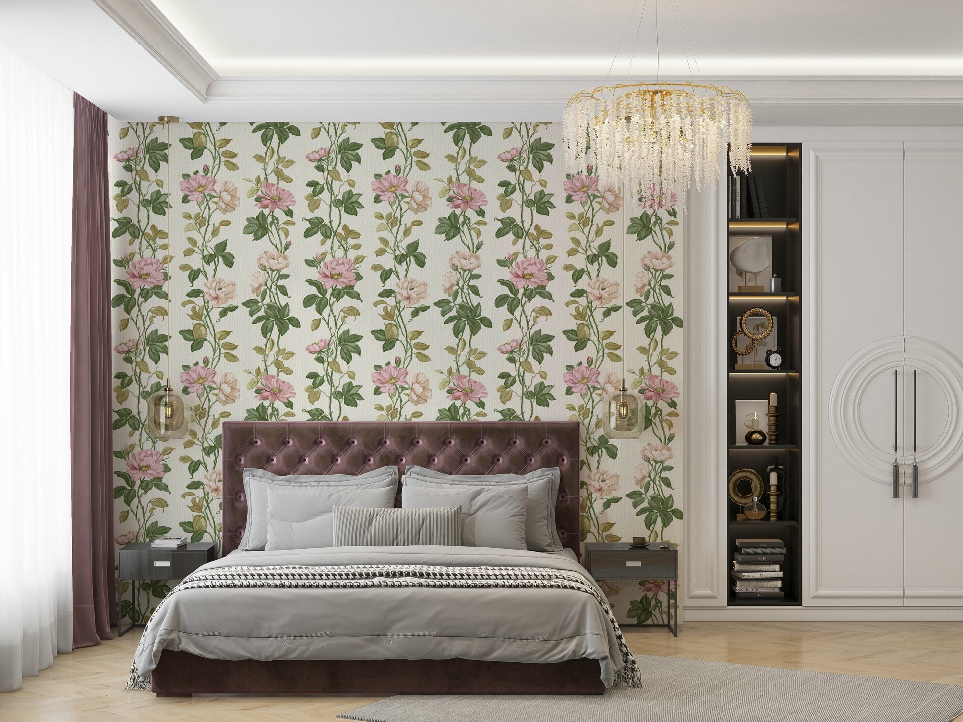 A calming floral design wallpaper mural that defines a space.


