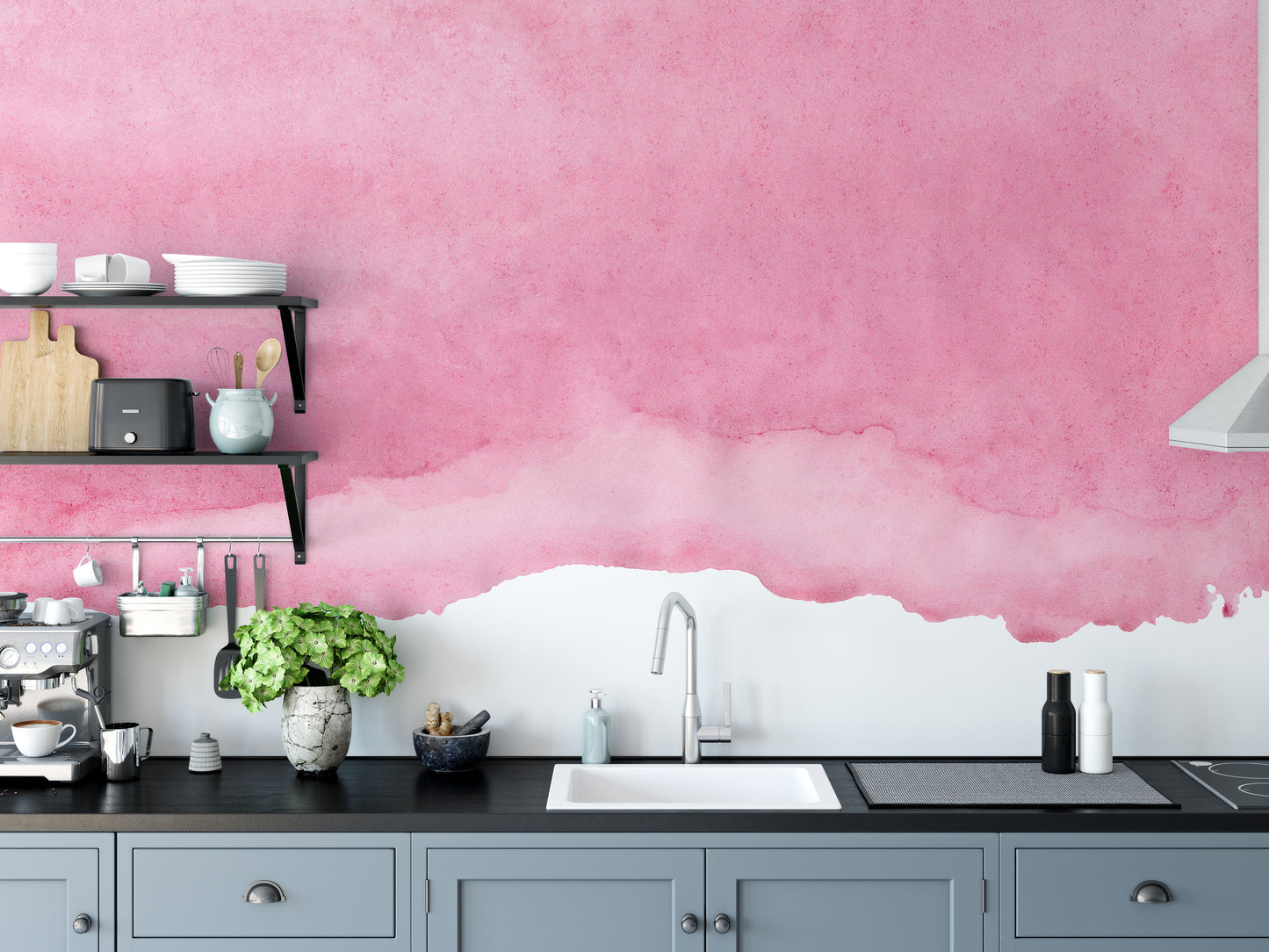Pink shades watercolor wallpaper above grey cabinets and a sink in a kitchen with open shelving