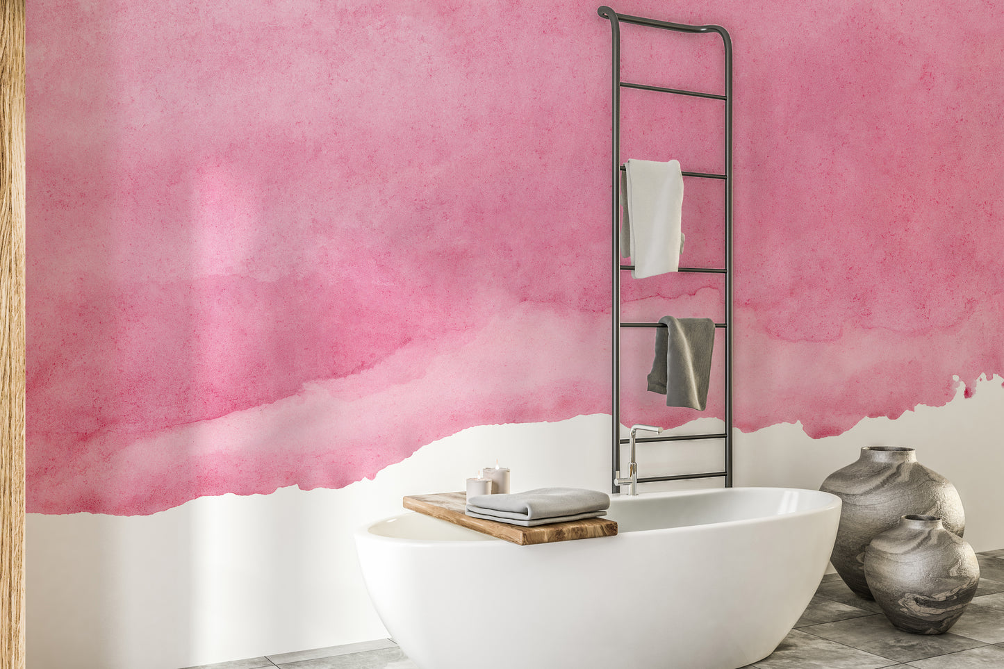 Pink shades watercolor wallpaper behind a freestanding white tub and towel ladder in a modern bathroom
