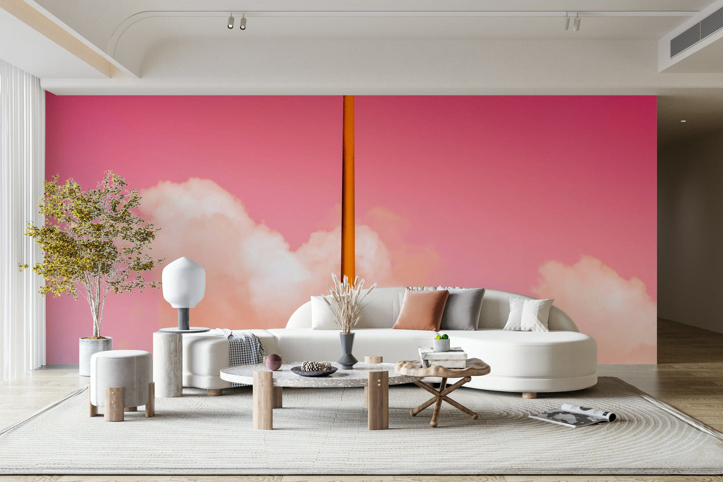 A peaceful color block mural on decorative wallpaper.

