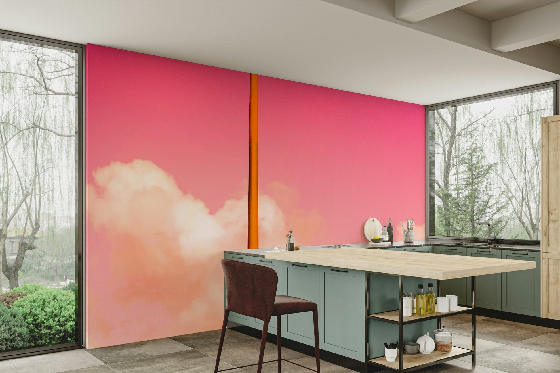 A graceful subtle pink wall mural in cool, modern tones.

