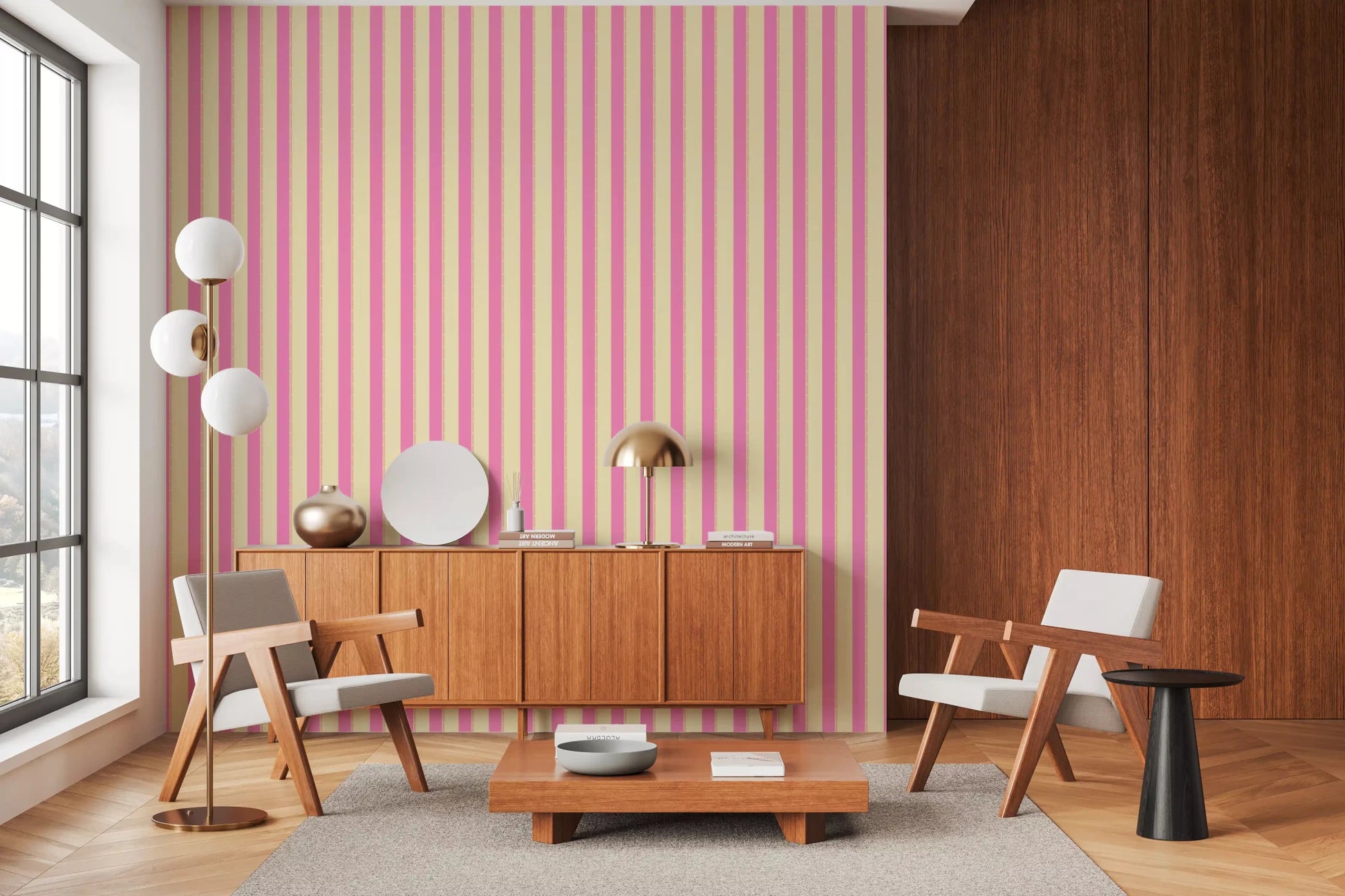 Elegant pink and white striped wallpaper for a sophisticated wall covering.