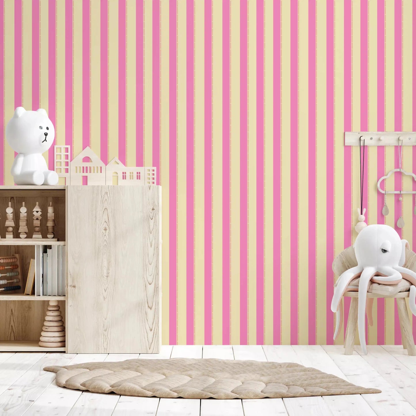 Symmetrical pink and white striped wall mural for a clean interior look.