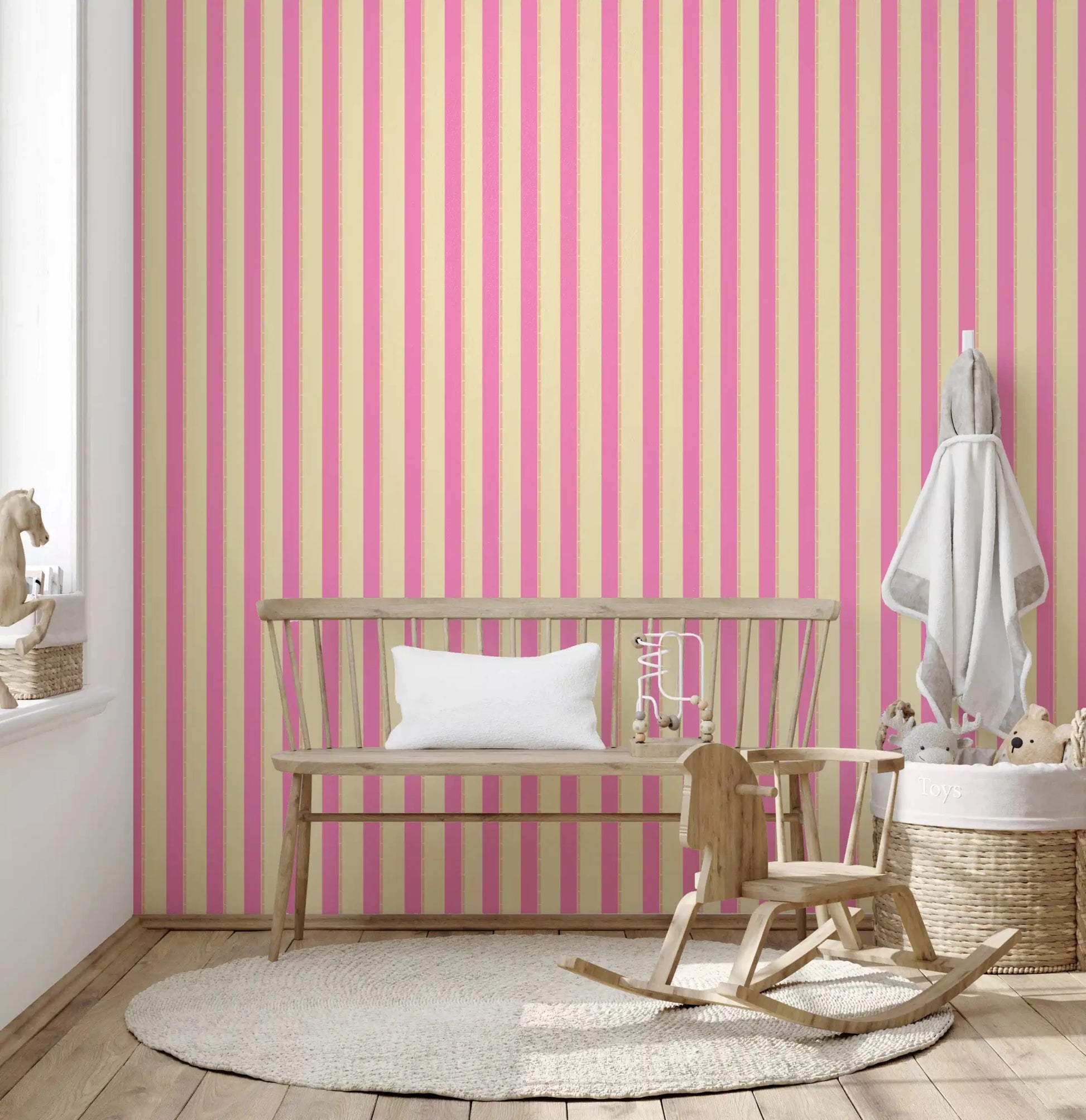 Pink Stripe Delight play area Wallpaper with crisp vertical lines and a matte finish.