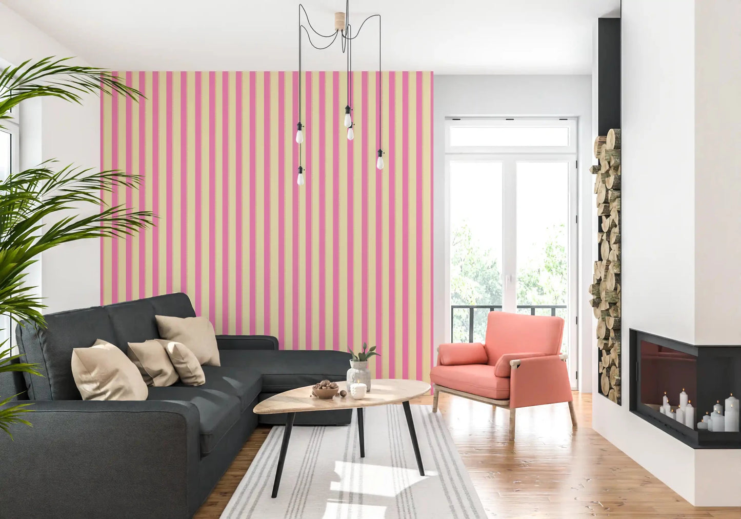 Pink Stripe Delight Wallpaper with balanced spacing for a living room.