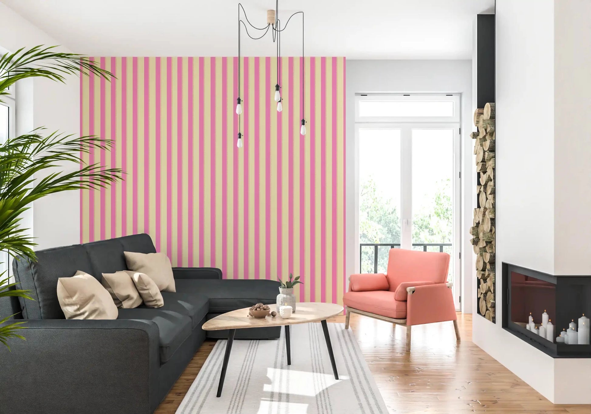 Pink Stripe Delight Wallpaper with balanced spacing for a living room.