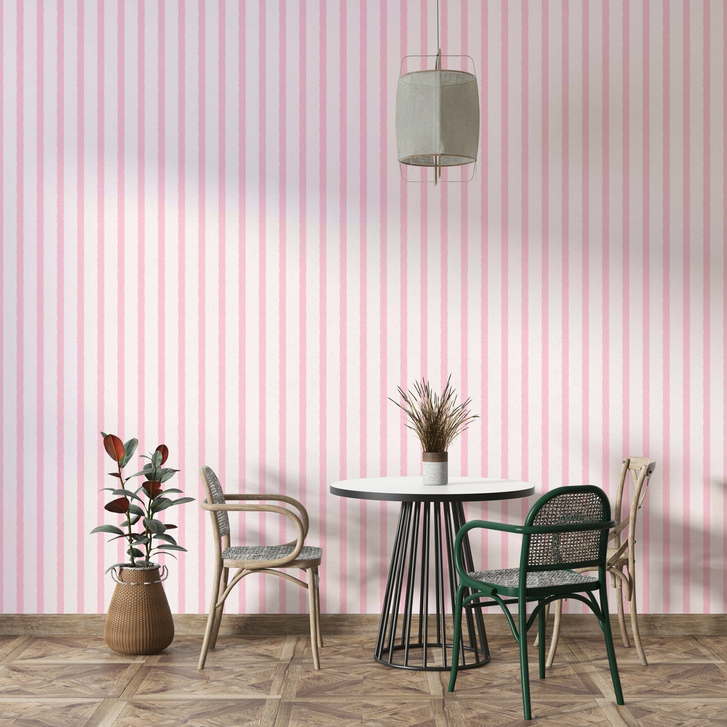 A graceful subtle stripe wall mural in soft, pink tones.

