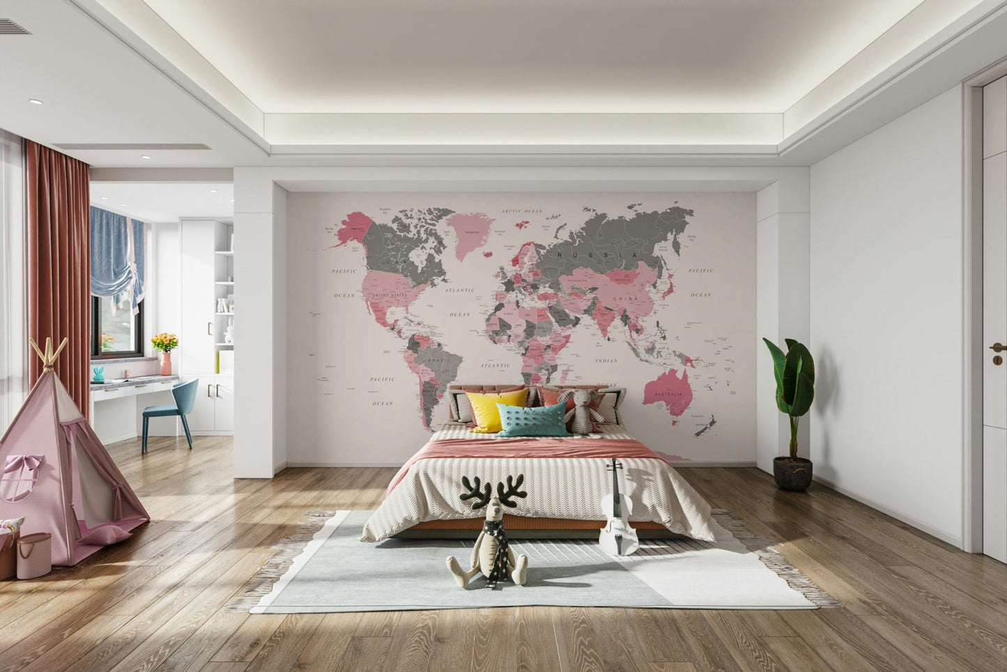 Pastel pink world map mural

