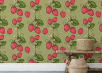 Elegant trailing strawberries wallpaper in soft pink tones.
