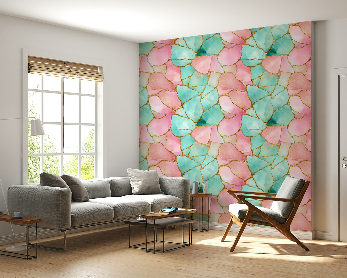 Elegant wallpaper featuring swirling pink and turquoise water with gold accents