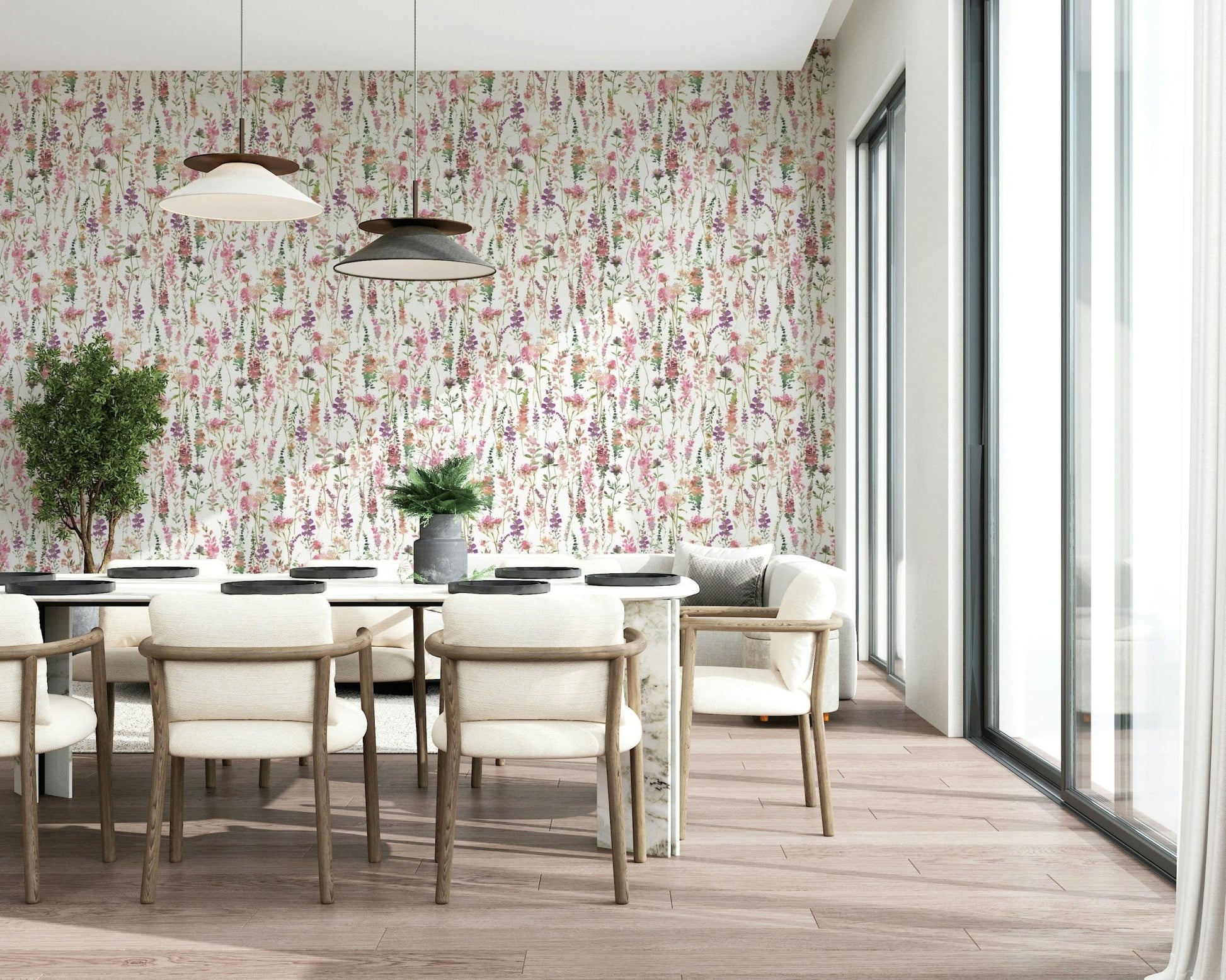 Beautiful Wallpaper for Walls Pink Watercolor Meadow art.