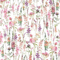 Whimsical floral stems wallpaper Pink Watercolor Meadow look.