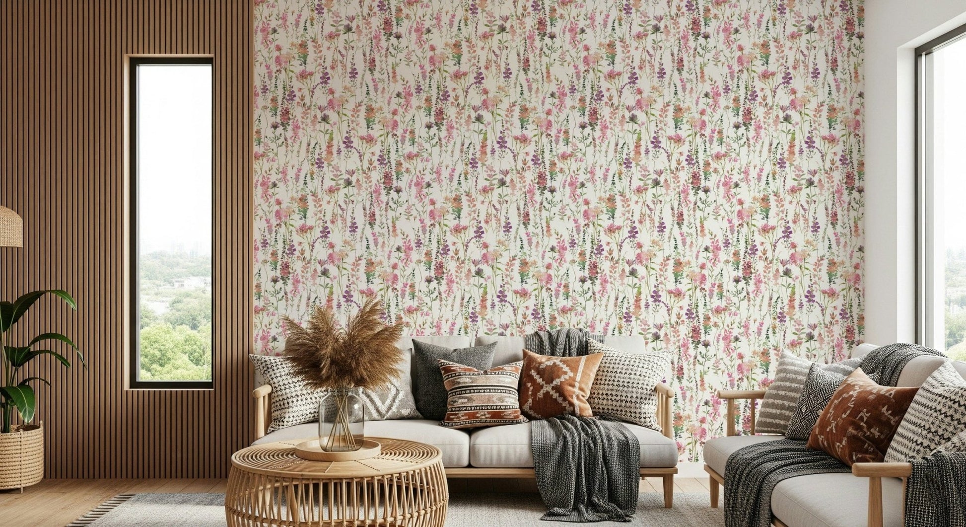 Dreamy pastel wall covering Pink Watercolor Meadow graphic.