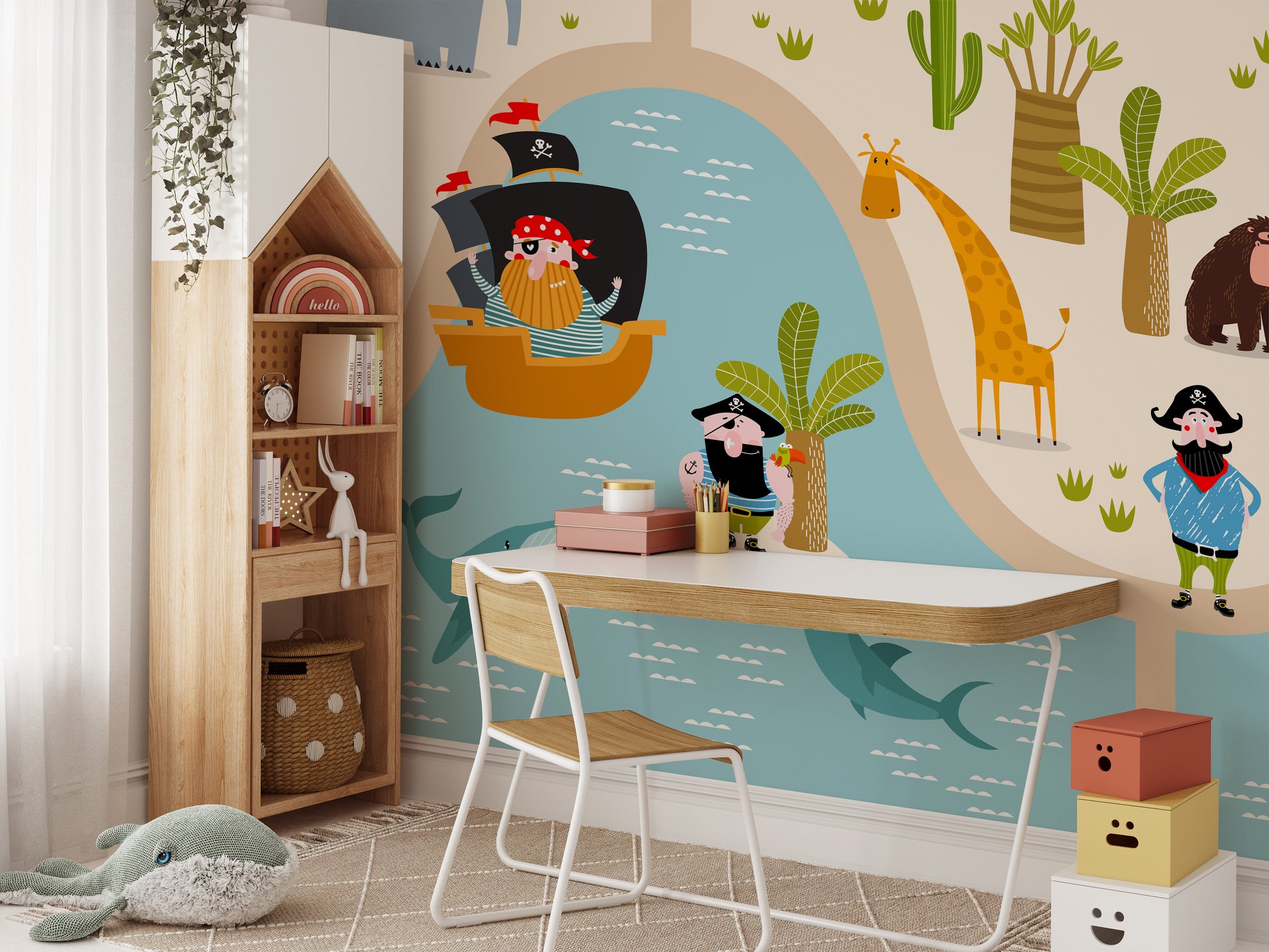 Pirate Animals Kids wallpaper with a pirate ship and giraffe behind a white desk and house bookshelf