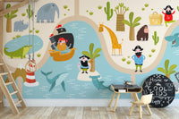 Pirate Animals Kids wallpaper of pirates and animals beside a loft bed ladder and Cool Kids chalkboard