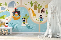 Pirate Animals Kids wallpaper with pirates and giraffe behind a white desk and wood chair in a kids room