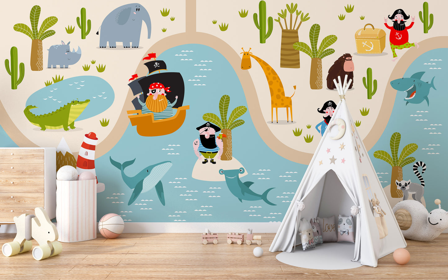 Pirate Animals Kids wallpaper of a pirate ship and safari animals beside a white teepee tent in a kids room
