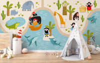 Pirate Animals Kids wallpaper of a pirate ship and safari animals beside a white teepee tent in a kids room