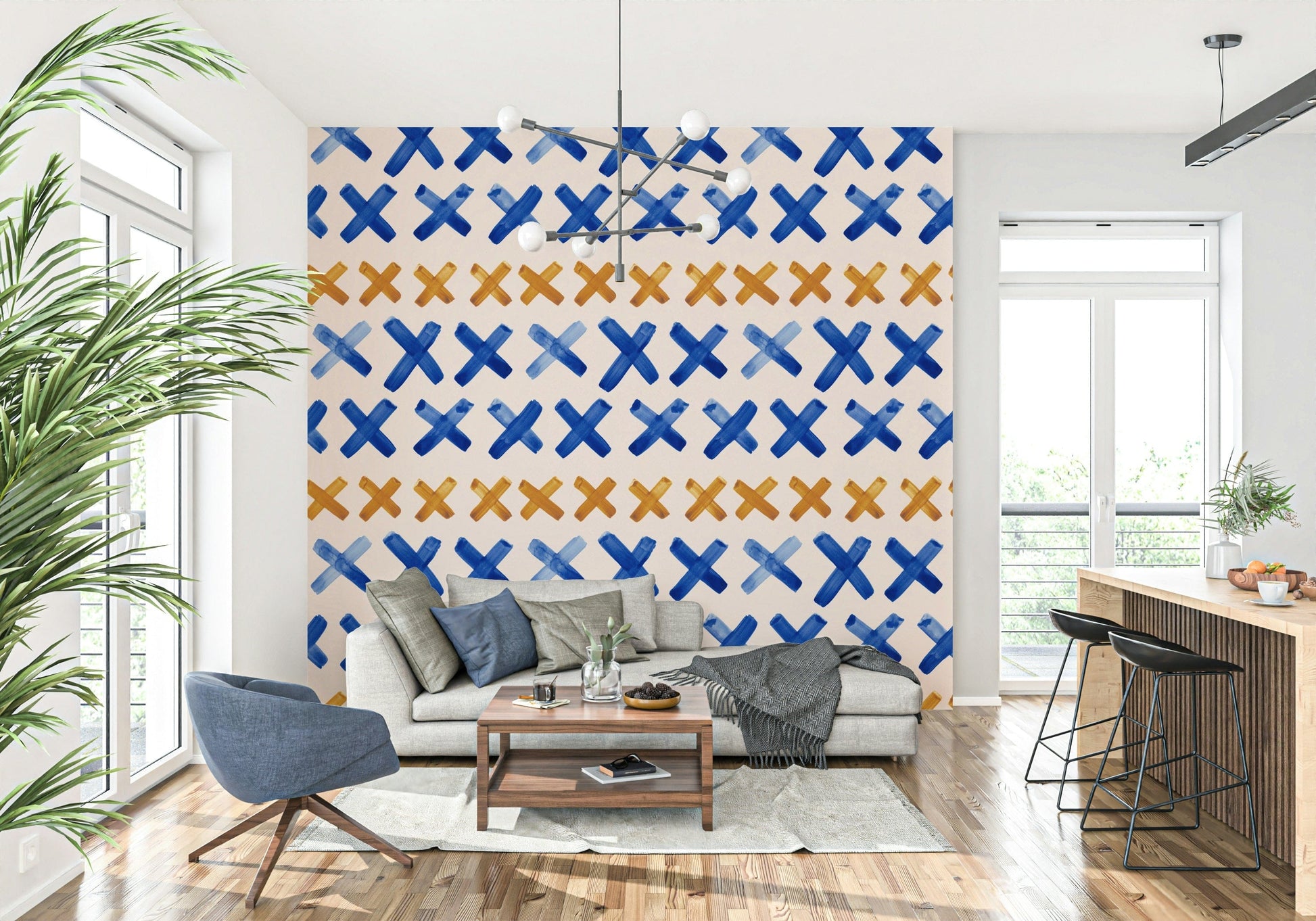 Abstract cross-shaped brushstrokes forming a modern, artistic wall design.