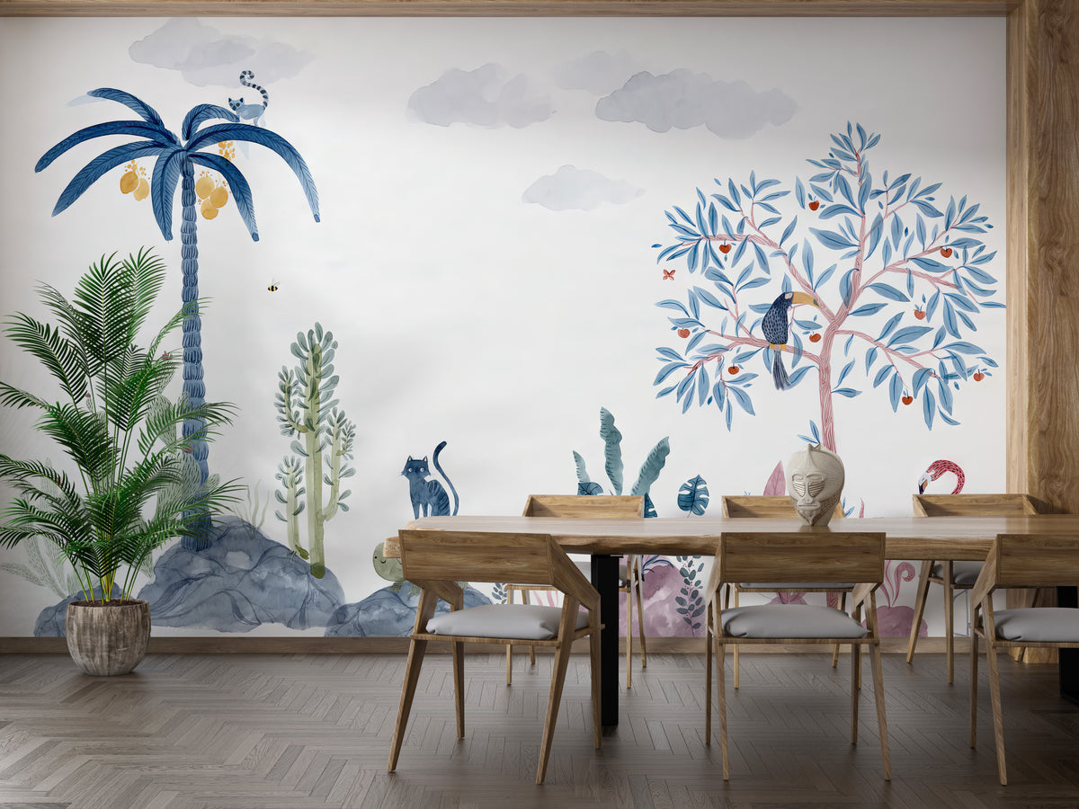 Playful Wildlife wallpaper mural with a blue palm, toucan tree and flamingo above a wooden dining table and chairs