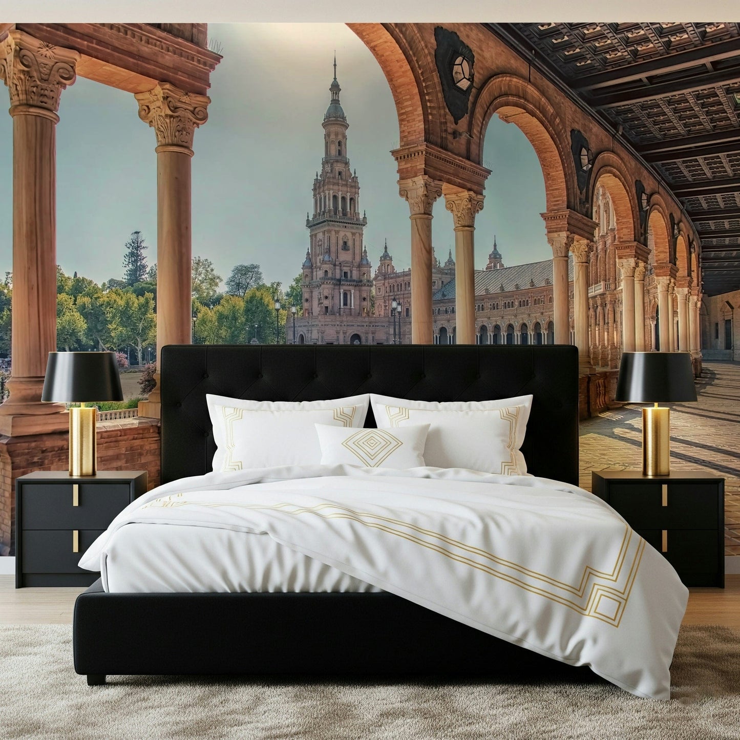 Serene water fountain Plaza España: Timeless View Wall Mural mural.