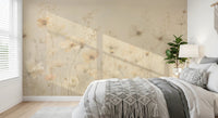 Poetic Soft Floral Honey wallpaper mural of soft cream flowers in a bedroom with white bedding and a macrame throw