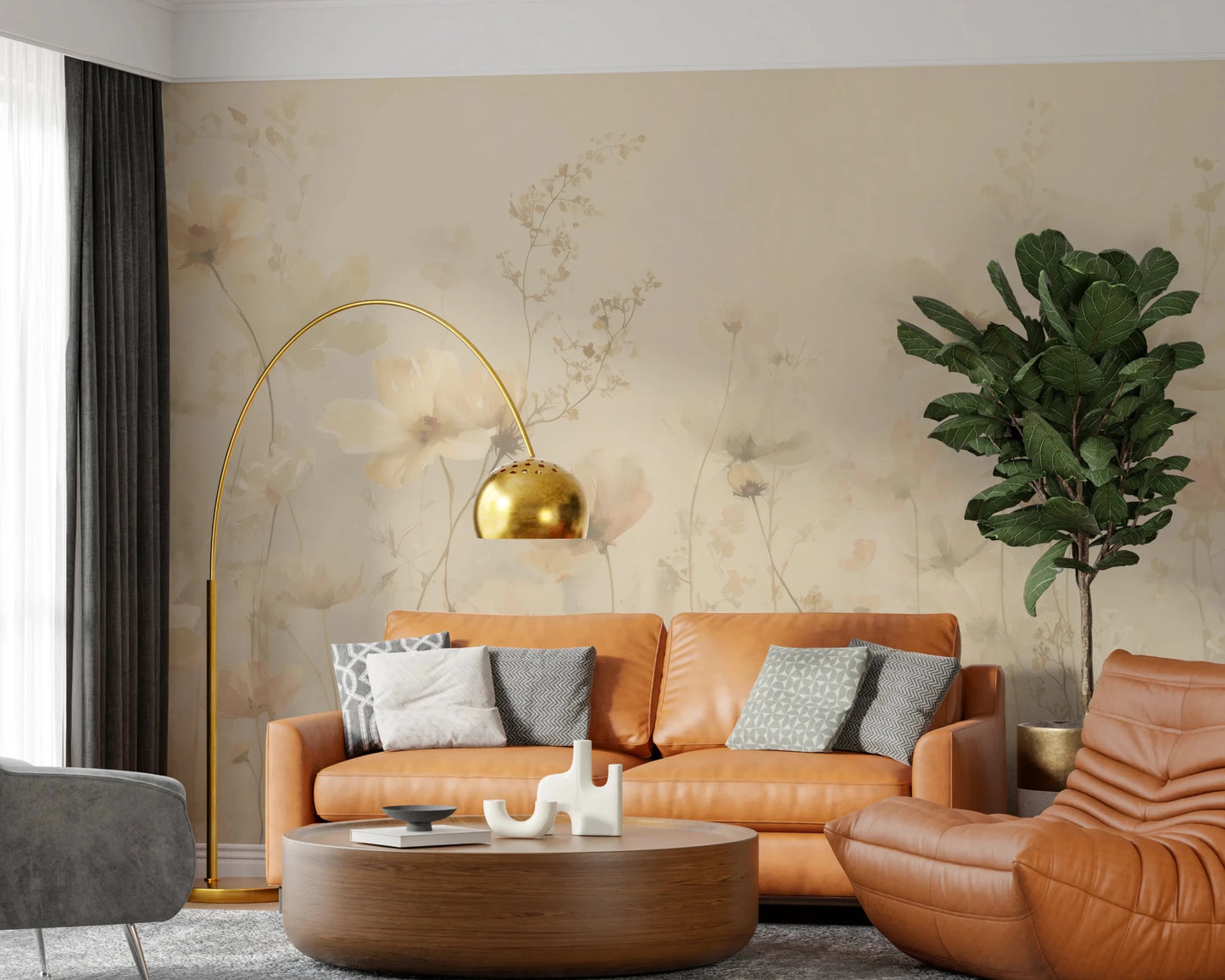 Poetic Soft Floral Honey wallpaper mural of cream flowers in a living room with a tan leather sofa and gold arc lamp