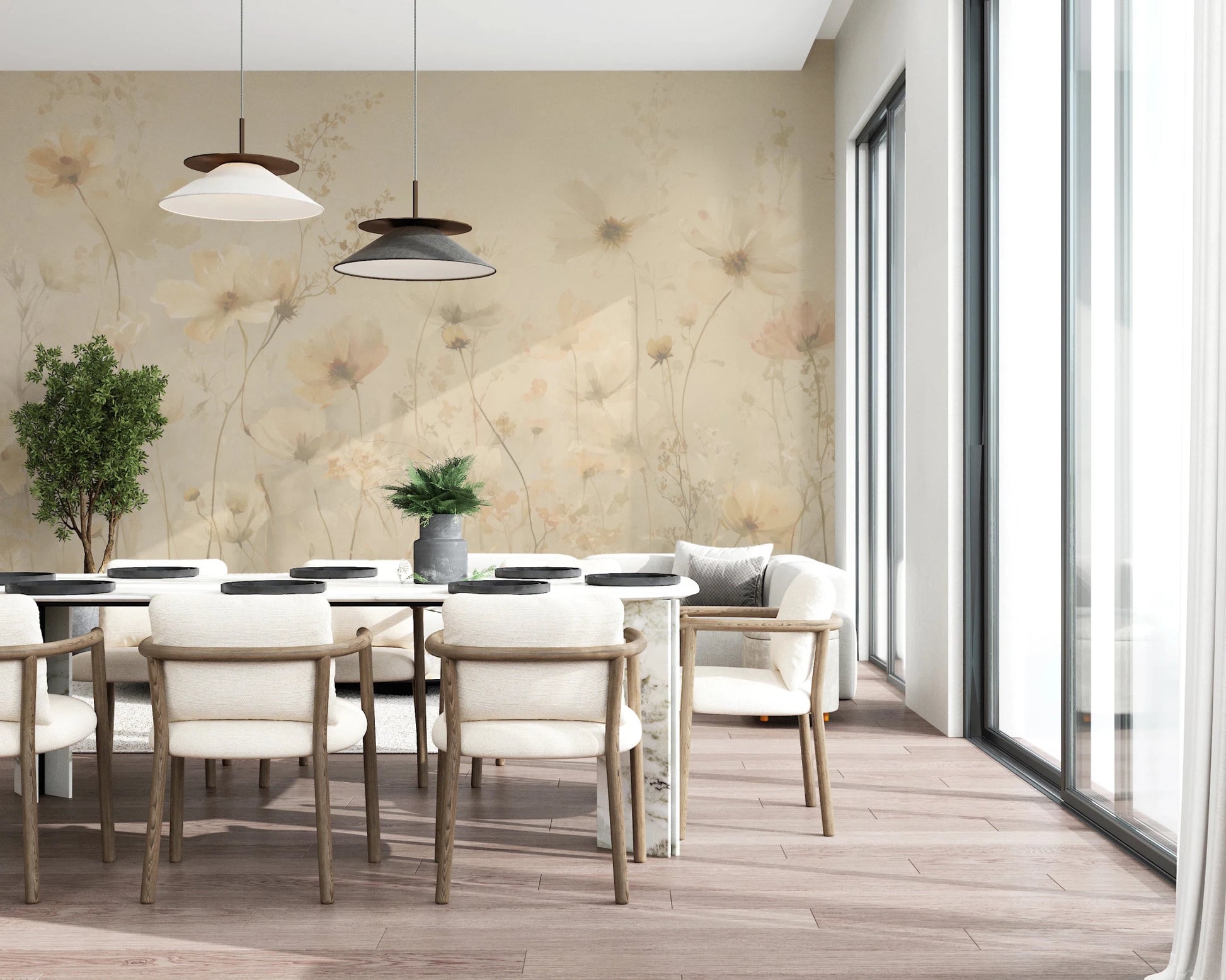 Poetic Soft Floral Honey wallpaper mural of warm wildflowers in a dining room with a white table and cream chairs