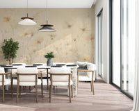 Poetic Soft Floral Honey wallpaper mural of warm wildflowers in a dining room with a white table and cream chairs
