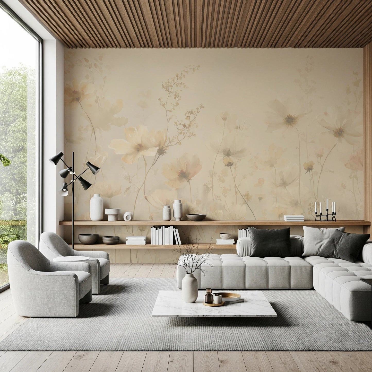 Poetic Soft Floral Honey wallpaper mural of cream cosmos in a living room with a grey sectional and slatted wood ceiling