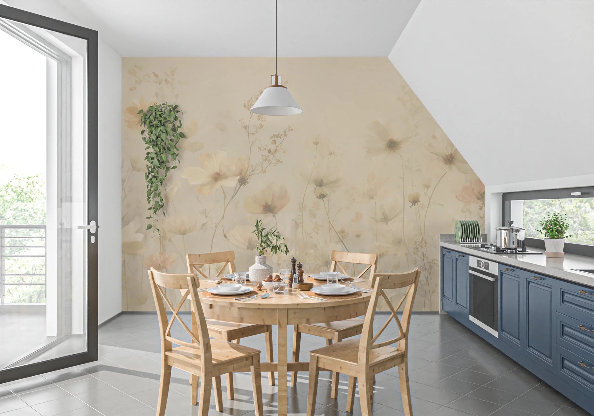 Poetic Soft Floral Honey wallpaper mural of golden wildflowers in a kitchen nook with a pine table and blue cabinets