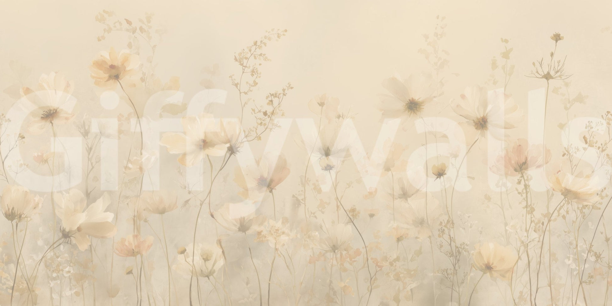 Poetic Soft Floral Honey wallpaper mural close-up showing warm cream cosmos and wildflowers on a honey beige background
