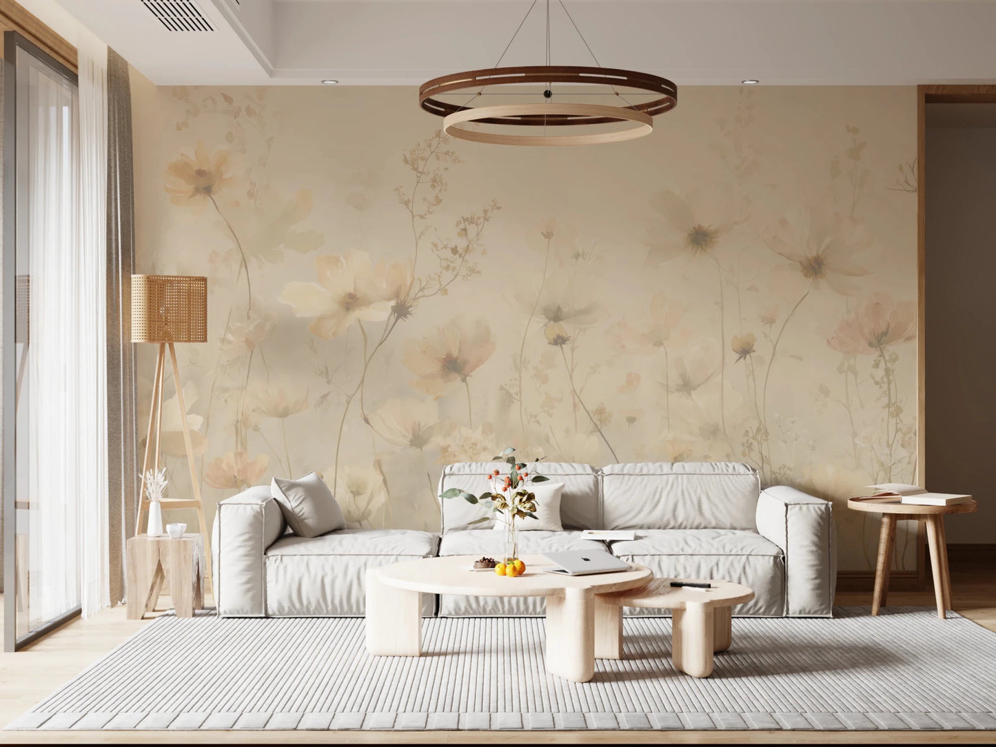 Poetic Soft Floral Honey wallpaper mural of golden cosmos in a living room with a grey sofa and ring chandelier