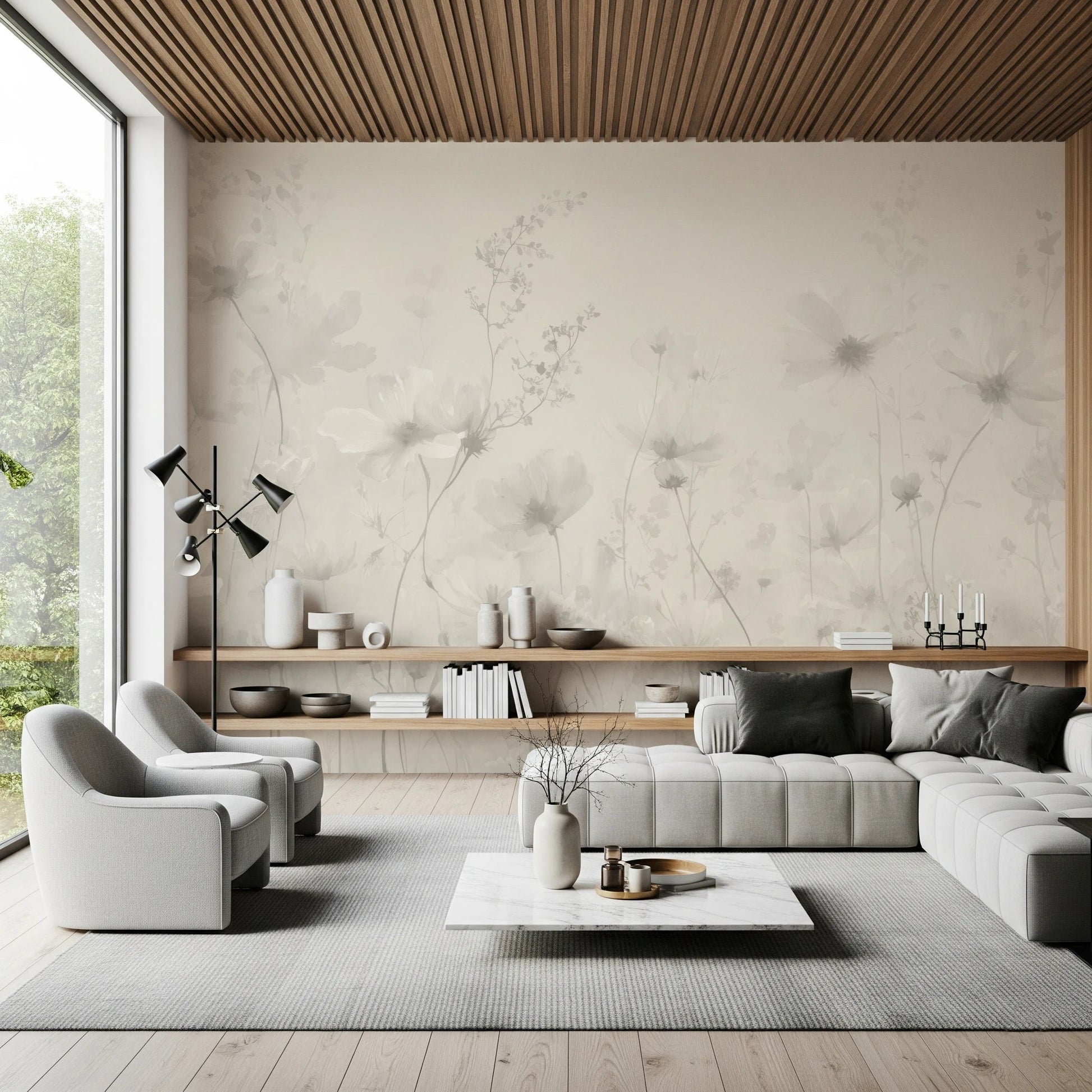 Poetic Soft Floral Linen wallpaper mural of soft florals in a living room with a grey sectional and slatted wood ceiling