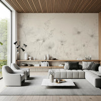 Poetic Soft Floral Linen wallpaper mural of soft florals in a living room with a grey sectional and slatted wood ceiling